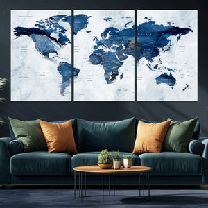 Modern Blue World Map Canvas Print – Framed Wall Art,