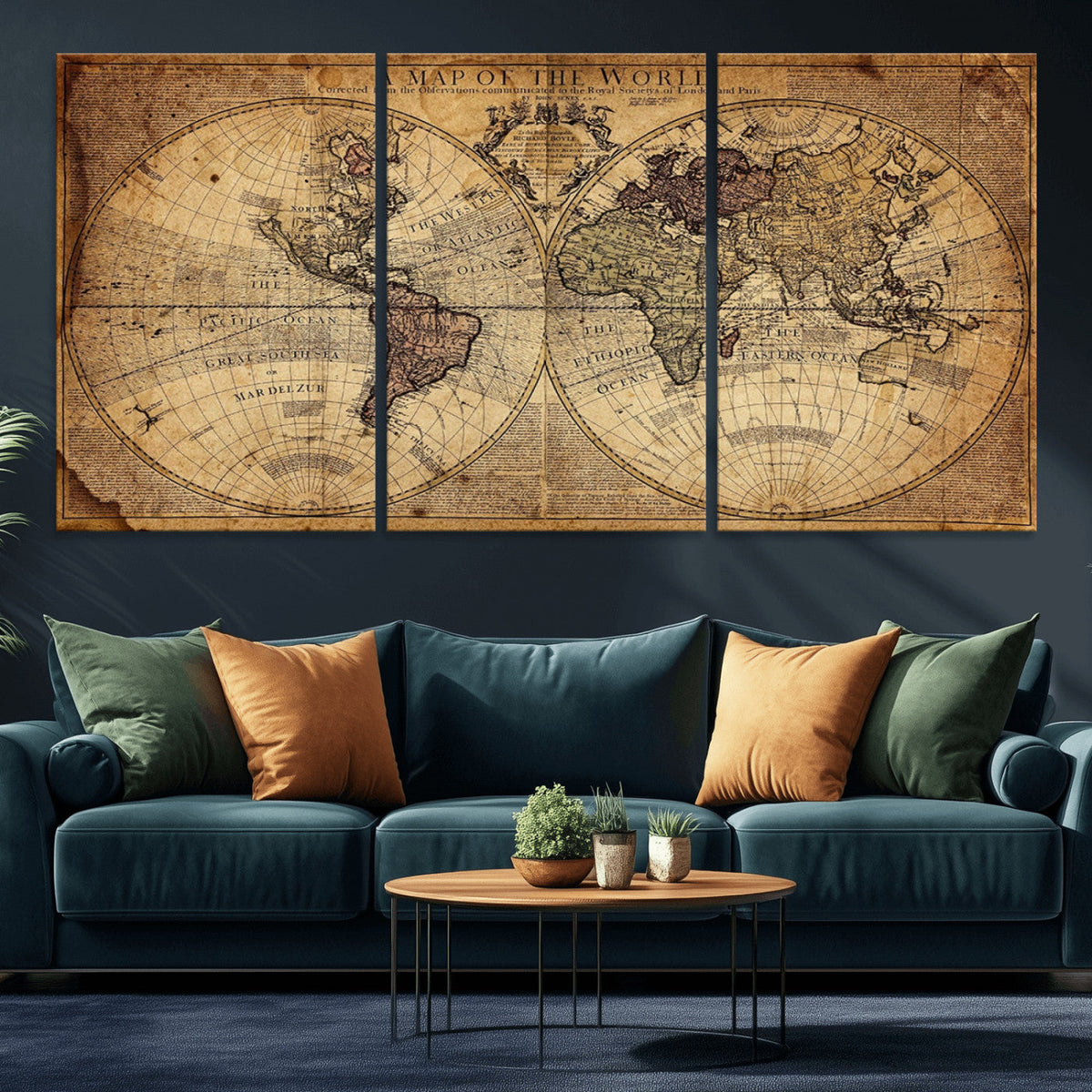 Vintage World Map Wall Art Canvas – Antique Style Push Pin