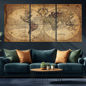 Vintage World Map Wall Art Canvas – Antique Style Push Pin