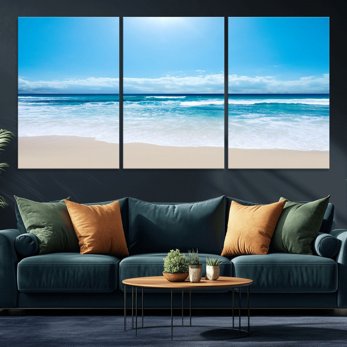 Wall Art Canvas Print Shiny Blue Sea and Beach