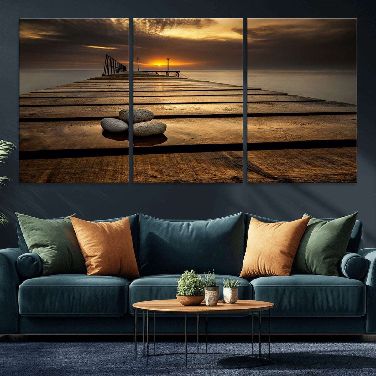Stones on Wooden Pier at Sunset Canvas Print, Serene Coastal