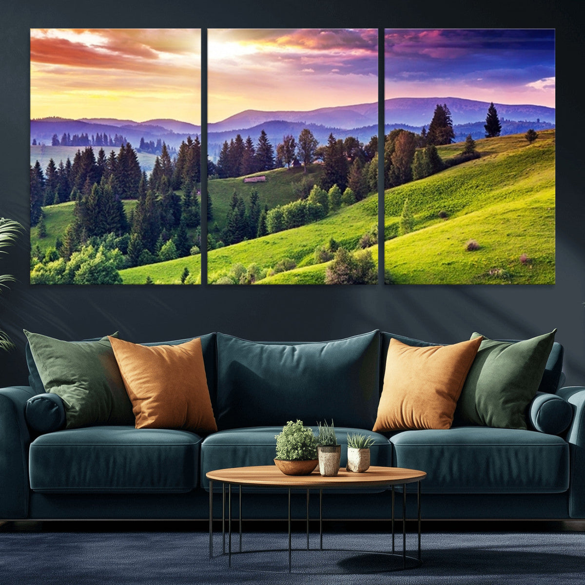 Green Hills and Sunset Wall Art Print - Scenic Landscape