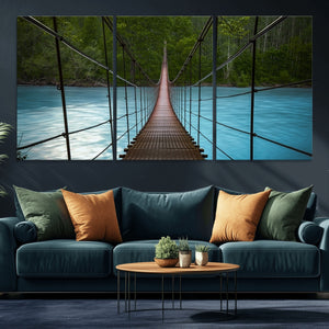 Suspension Bridge Over River Canvas Art | 3-Panel Nature