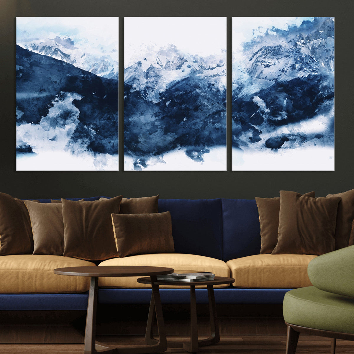 Abstract Blue Mountain Canvas Wall Art – Modern Triptych
