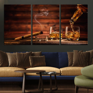 Whiskey and Cigar Wall Art Canvas | 3 Panel Bar Room Decor