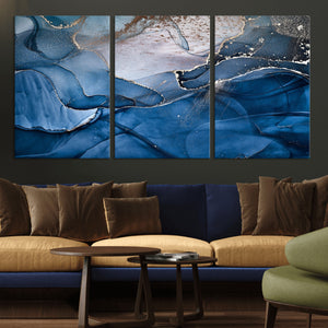 Navy Blue Canvas Art Abstract Print – Elegant Triptych
