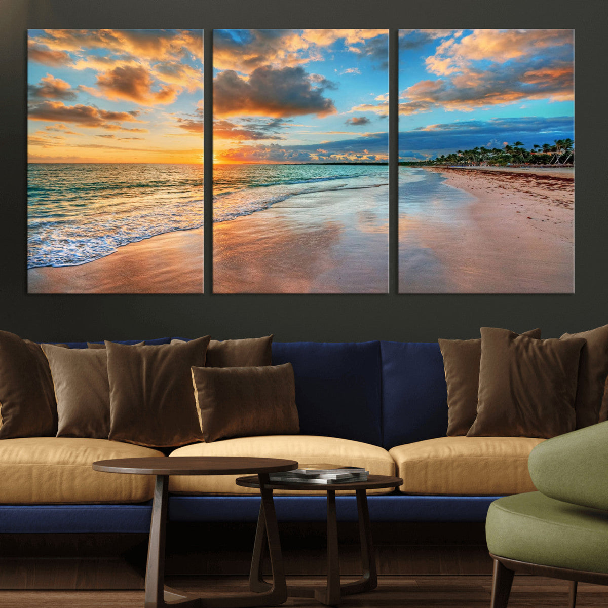 Sunset Ocean Waves on Tropical Beach, 3-Panel Giclee Canvas