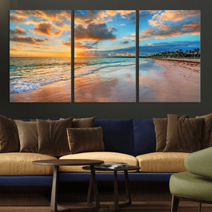 Sunset Ocean Waves on Tropical Beach, 3-Panel Giclee Canvas