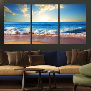 Tropical Beach Sunset Canvas Art, Ocean Waves and Sandy