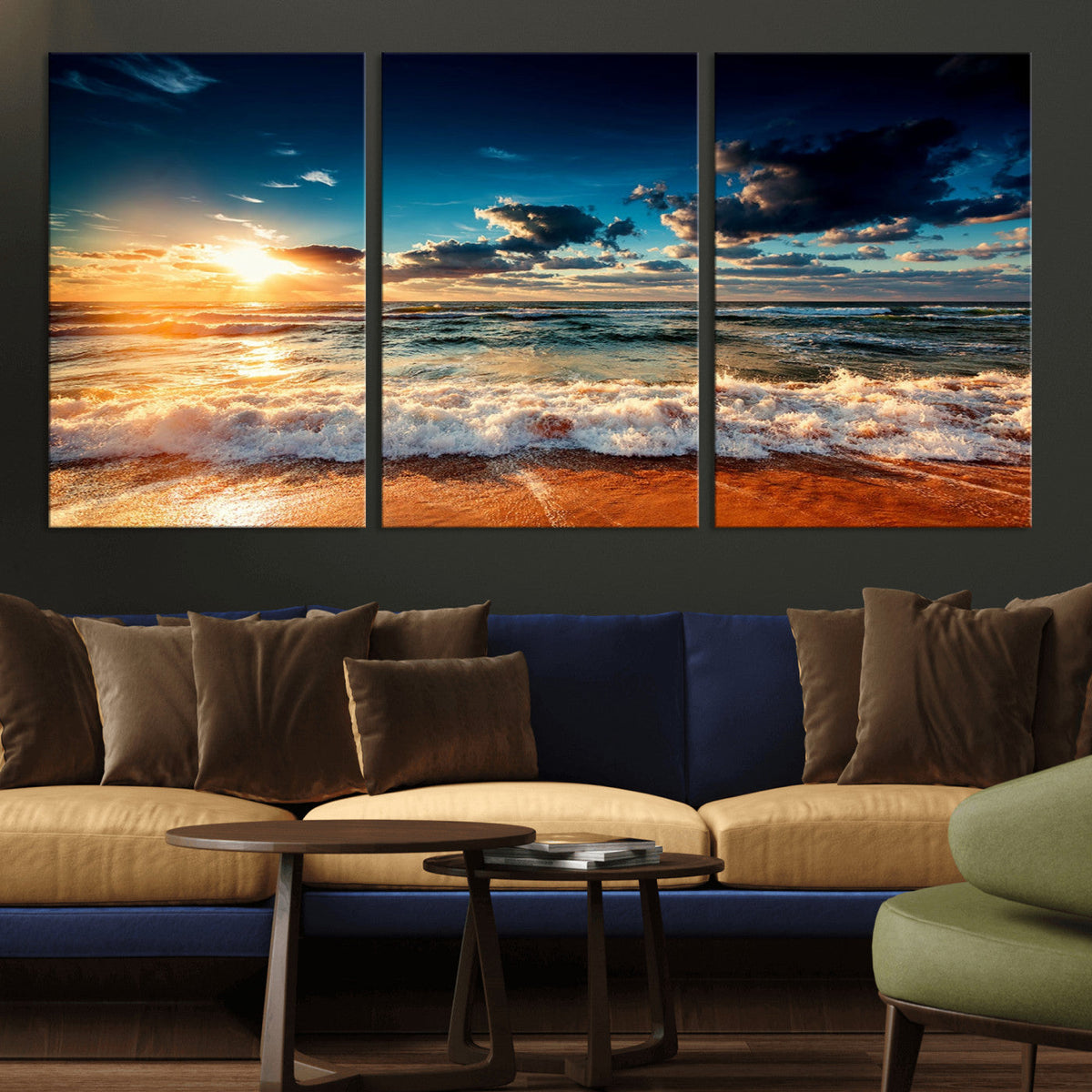 Golden Hour Sunset Over Ocean Waves Wall Art Canvas Print |
