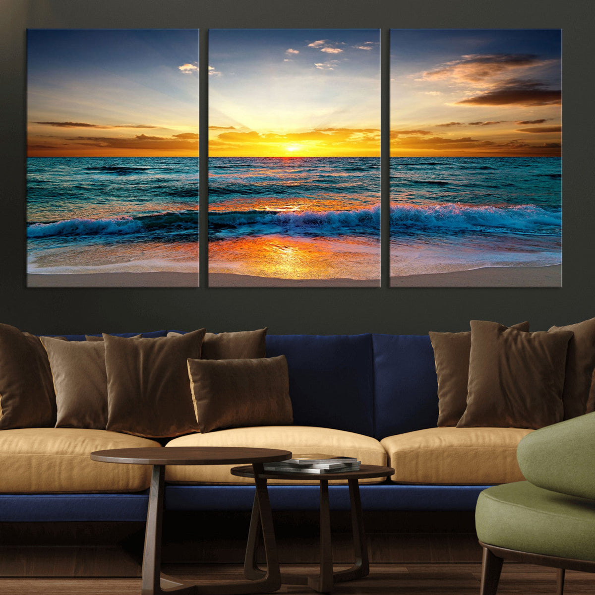 Vibrant Ocean Sunrise Over Golden Beach Waves, Giclee Canvas