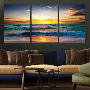 Vibrant Ocean Sunrise Over Golden Beach Waves, Giclee Canvas
