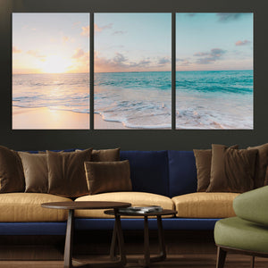 Tranquil Ocean Beach Sunset Canvas Wall Art | 3-Panel