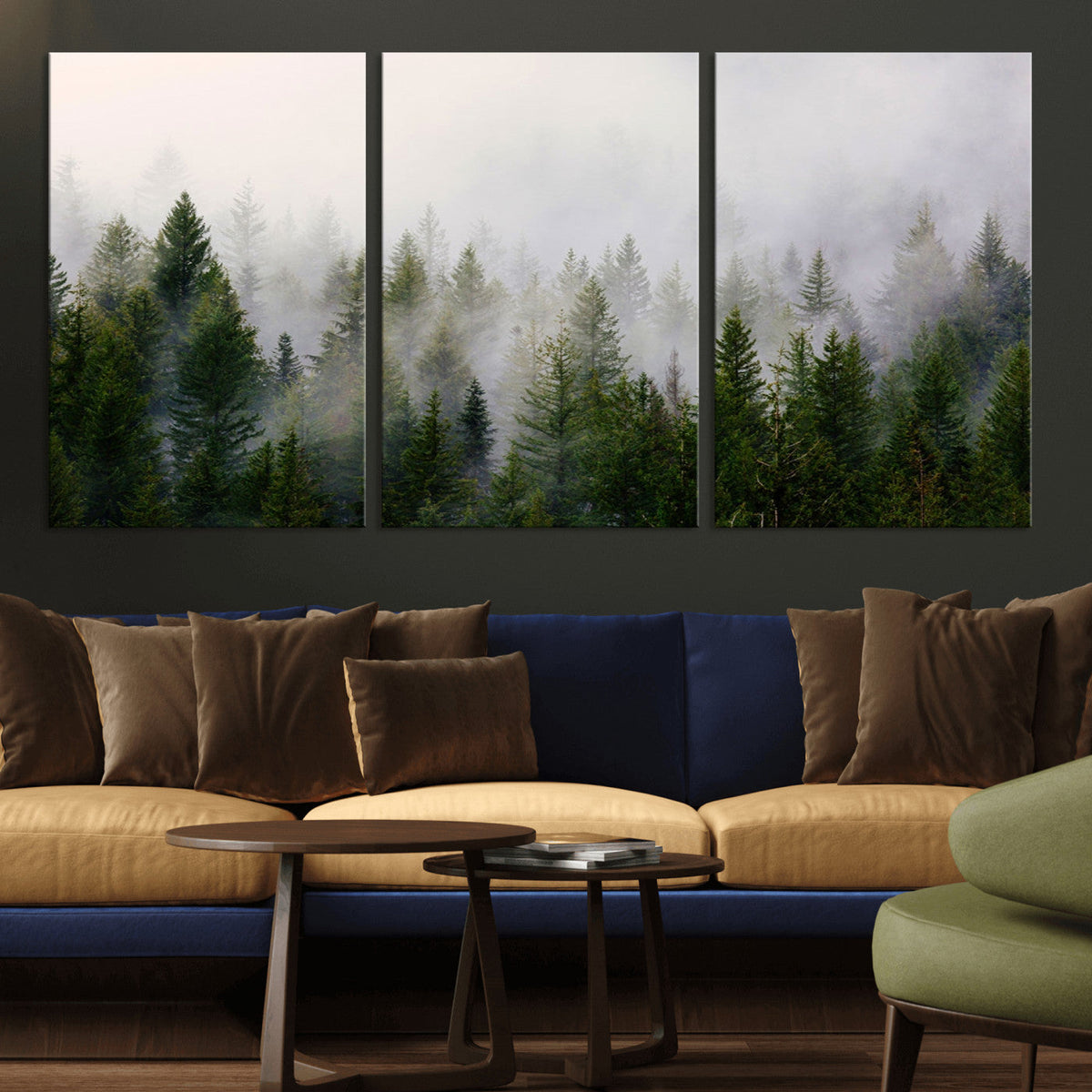 Misty Pine Forest Wall Art Canvas Print | 3 Panel Green