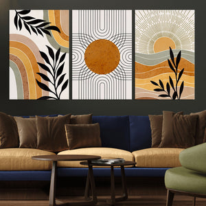 Modern Boho Sun and Leaf Abstract Art – 3-Panel Giclée