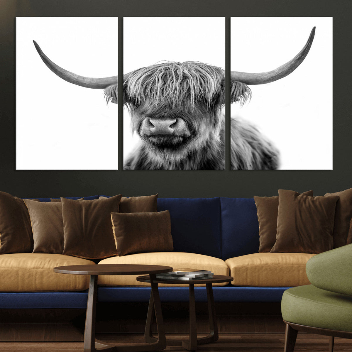 Grayscale Scottish Highland Cow Cattle Art Print Farmhouse