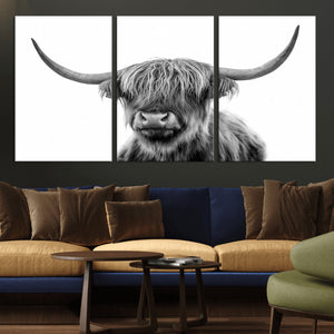 Grayscale Scottish Highland Cow Cattle Art Print Farmhouse