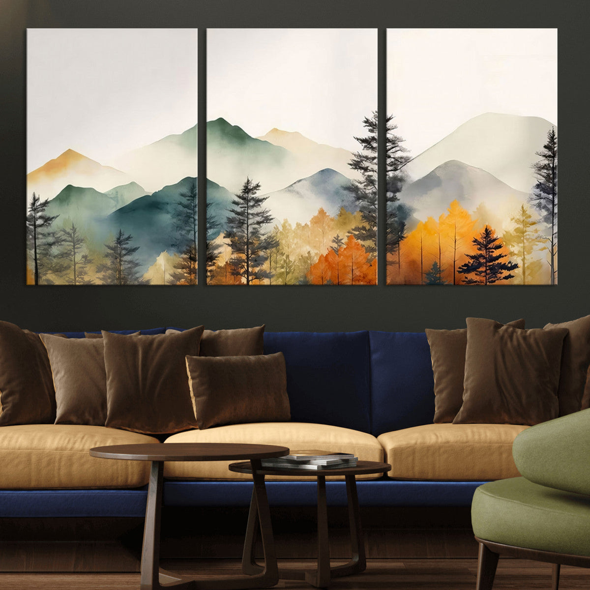 Abstract Watercolor Mountains and Trees Autumn Wall Art,