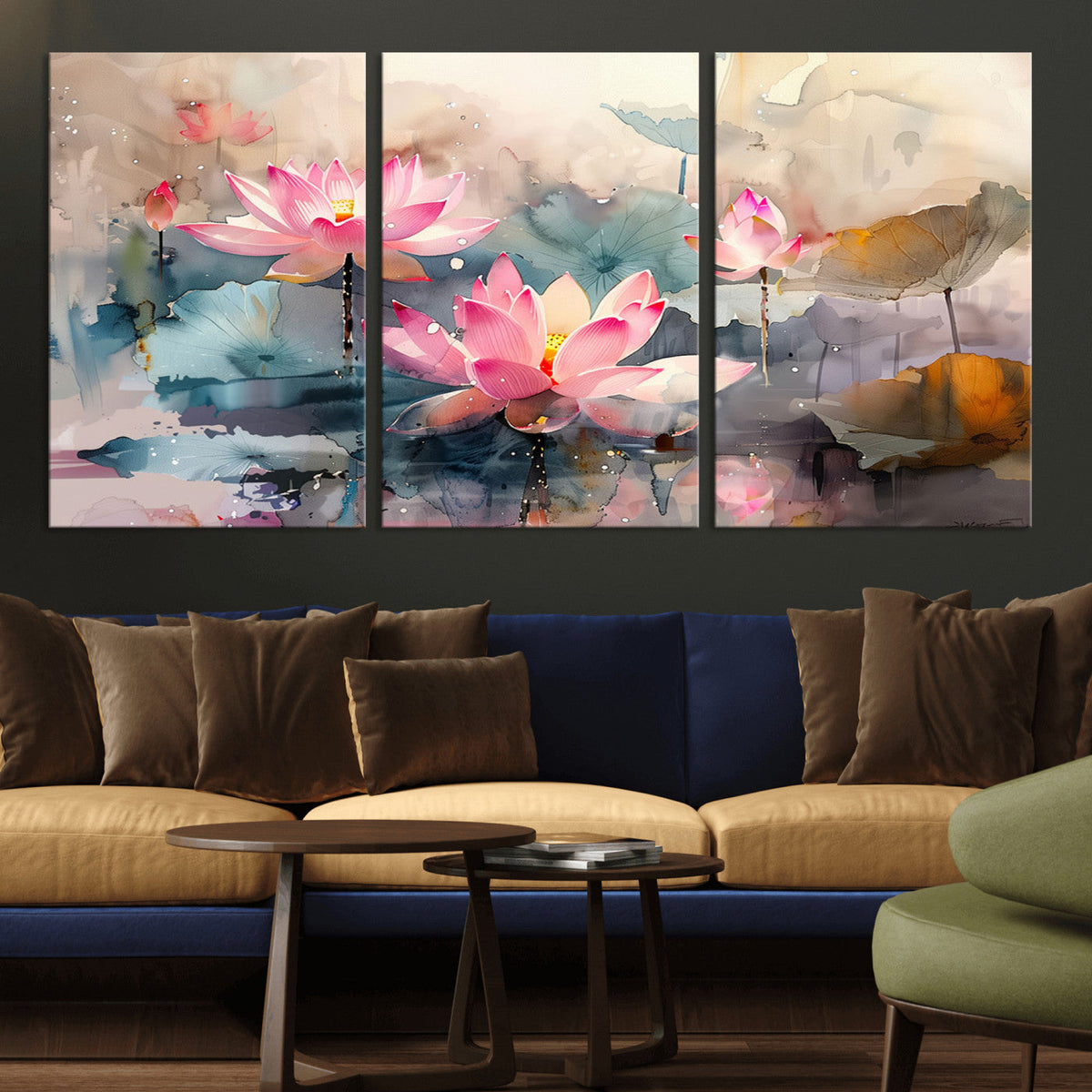 Lotus Flower Wall Art | 3-Panel Giclee Canvas Print of Pink
