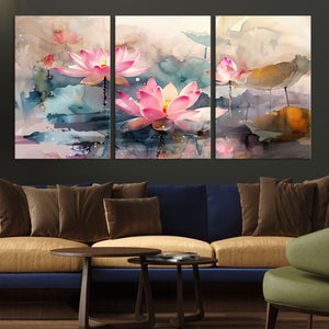 Lotus Flower Wall Art | 3-Panel Giclee Canvas Print of Pink