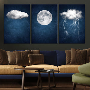 Dark Blue Cloud Art, 3 Piece Indigo Blue Wall Art, Aesthetic