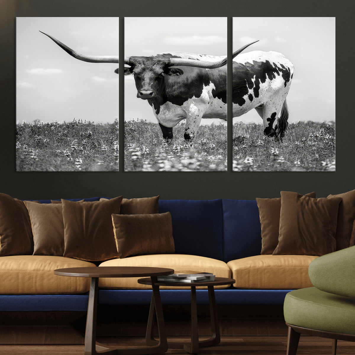 Texas Black White Highland Longhorn Cow Wall Art Canvas
