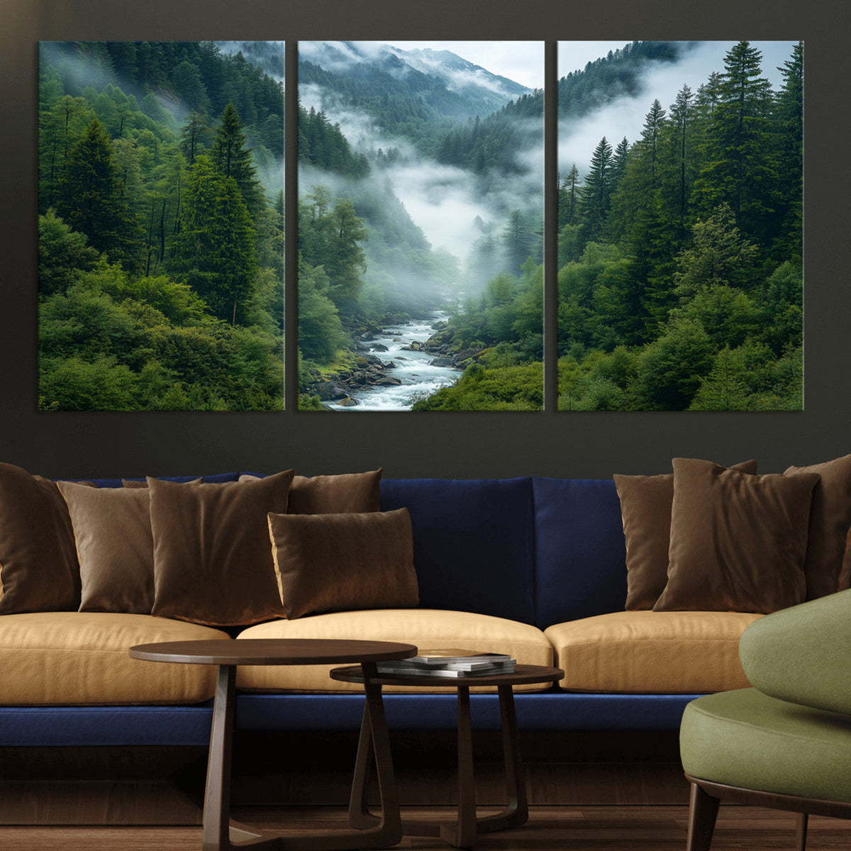 Mountain Forest River Canvas Wall Art Print - Serene Nature