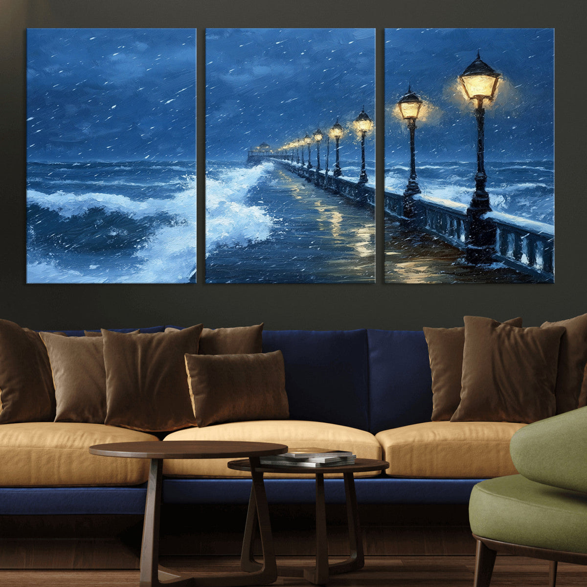 Stormy Ocean Pier Lights Canvas Wall Art Print - Large Moody