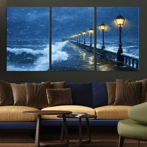 Stormy Ocean Pier Lights Canvas Wall Art Print - Large Moody