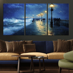 Storm Ocean Pier Canvas Wall Art Print - Large Moody Night