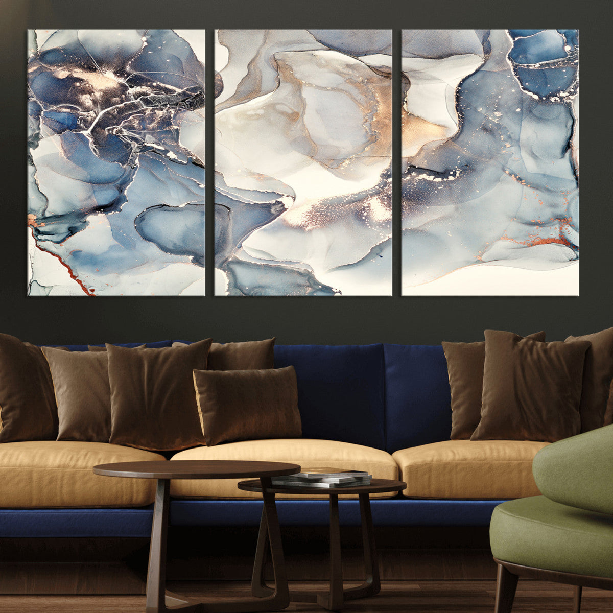 Abstract Blue and Gold Canvas Wall Art - Fluid Modern Ink