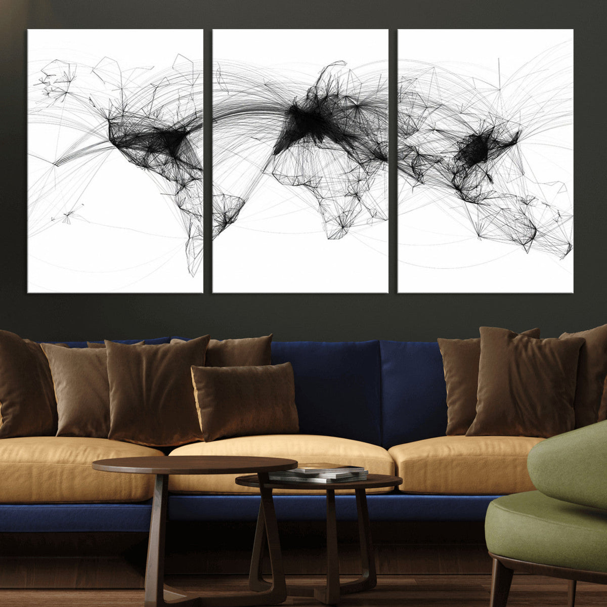Abstract World Map Wall Art – Framed Geometric Line Canvas