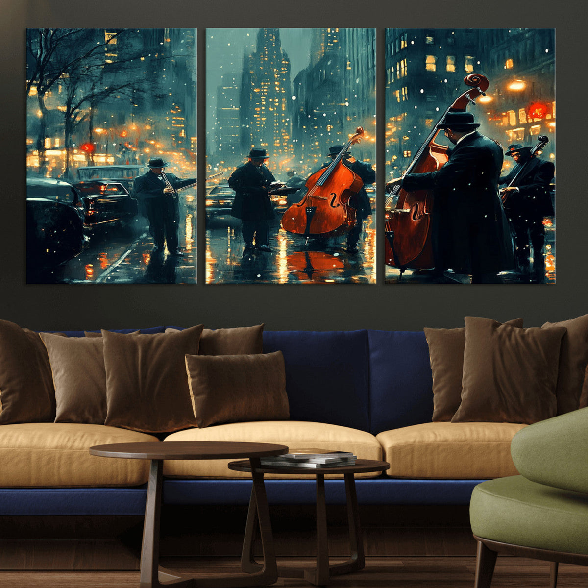 Urban Night Jazz Wall Art Canvas Print – Moody Rain-Soaked