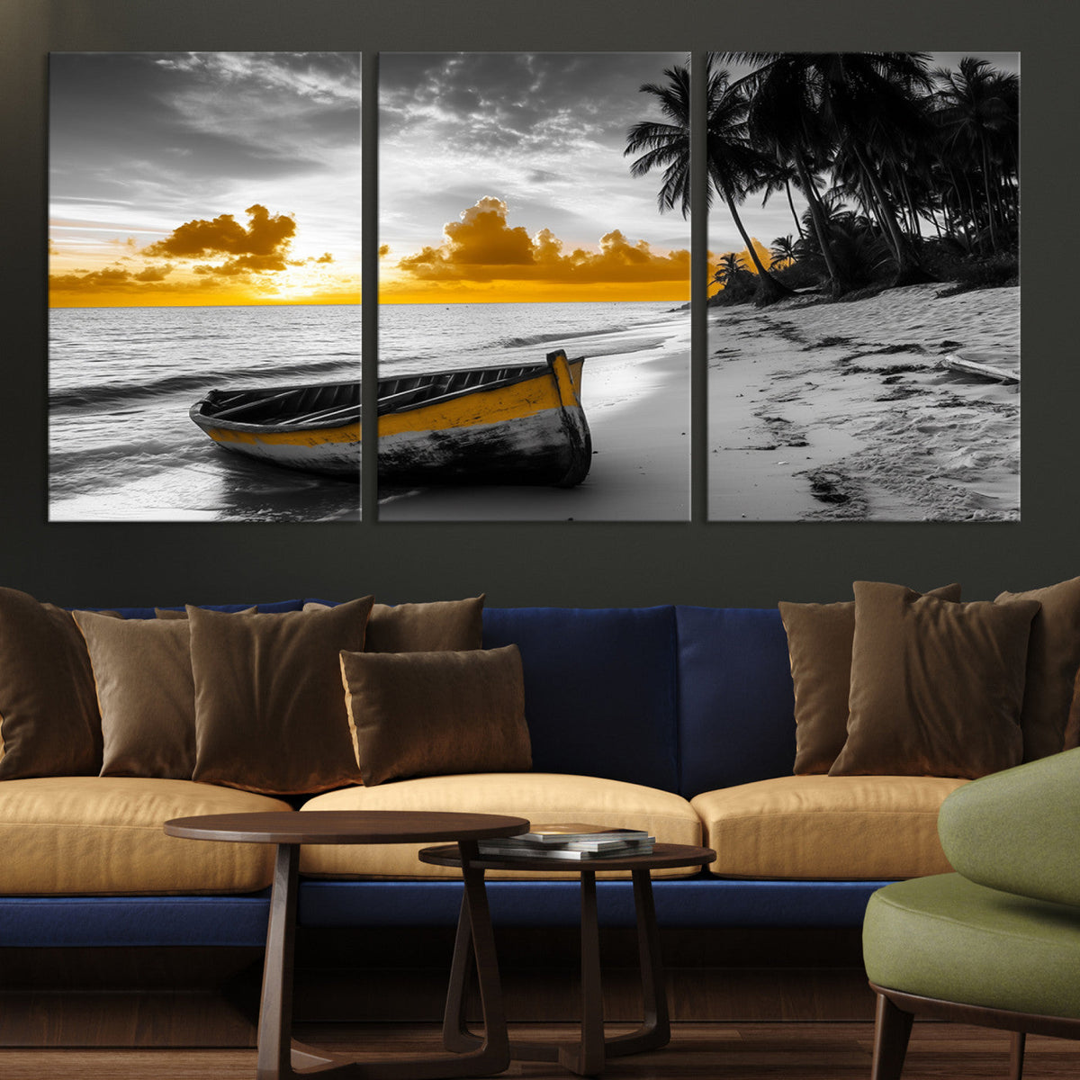 Yellow Rowboat Wall Art – Framed Tropical Shoreline Canvas