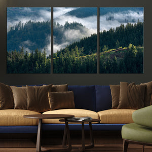 Misty Forest Wall Art Canvas Print, Serene Pine Hills and