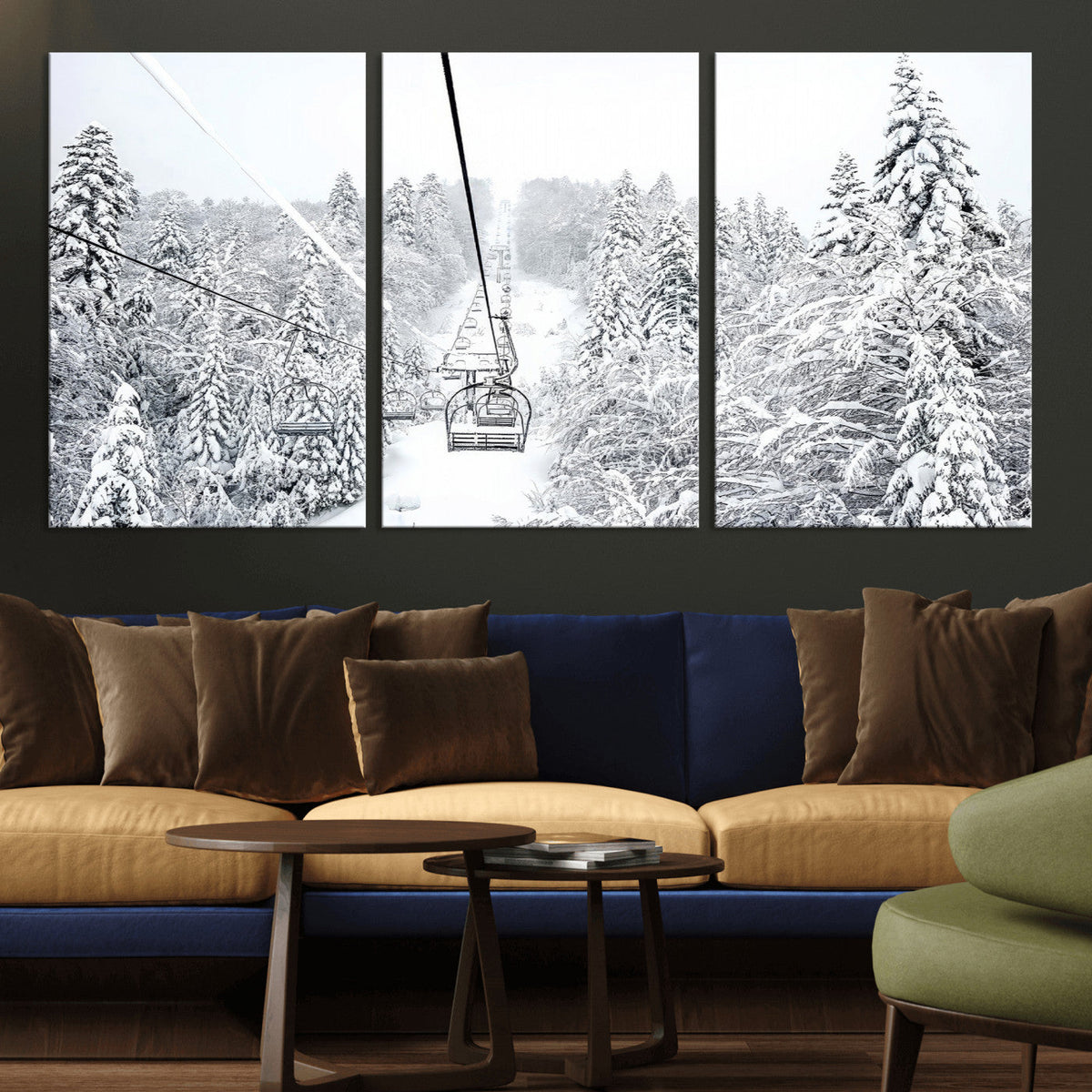 Snowy Ski Lift Wall Art – Framed Winter Mountain Canvas