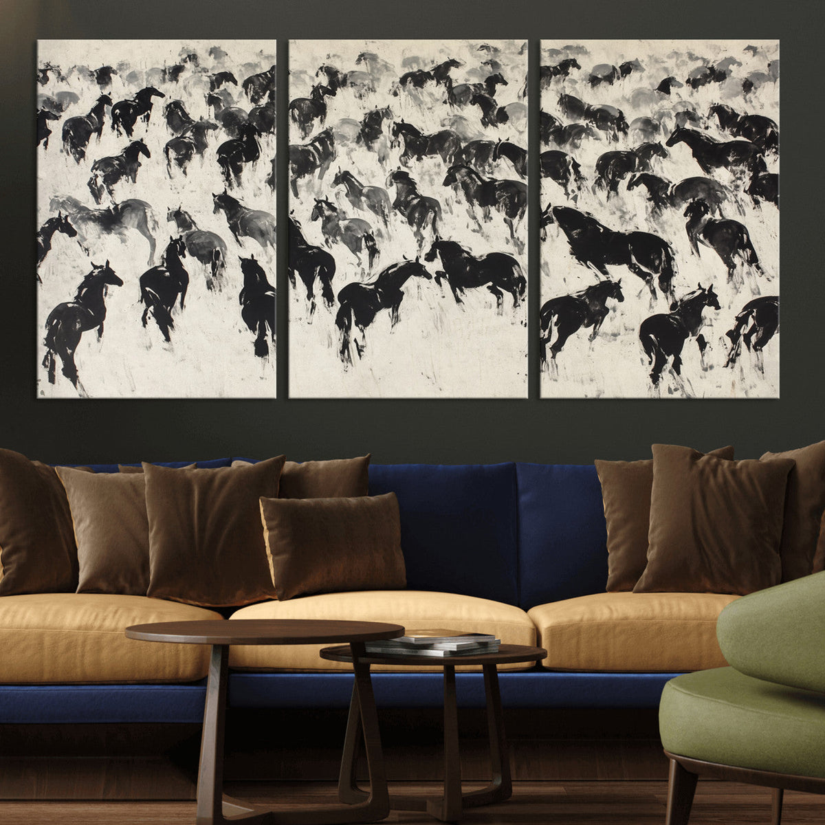Wild Horse Stampede Wall Art Canvas Print – Monochrome