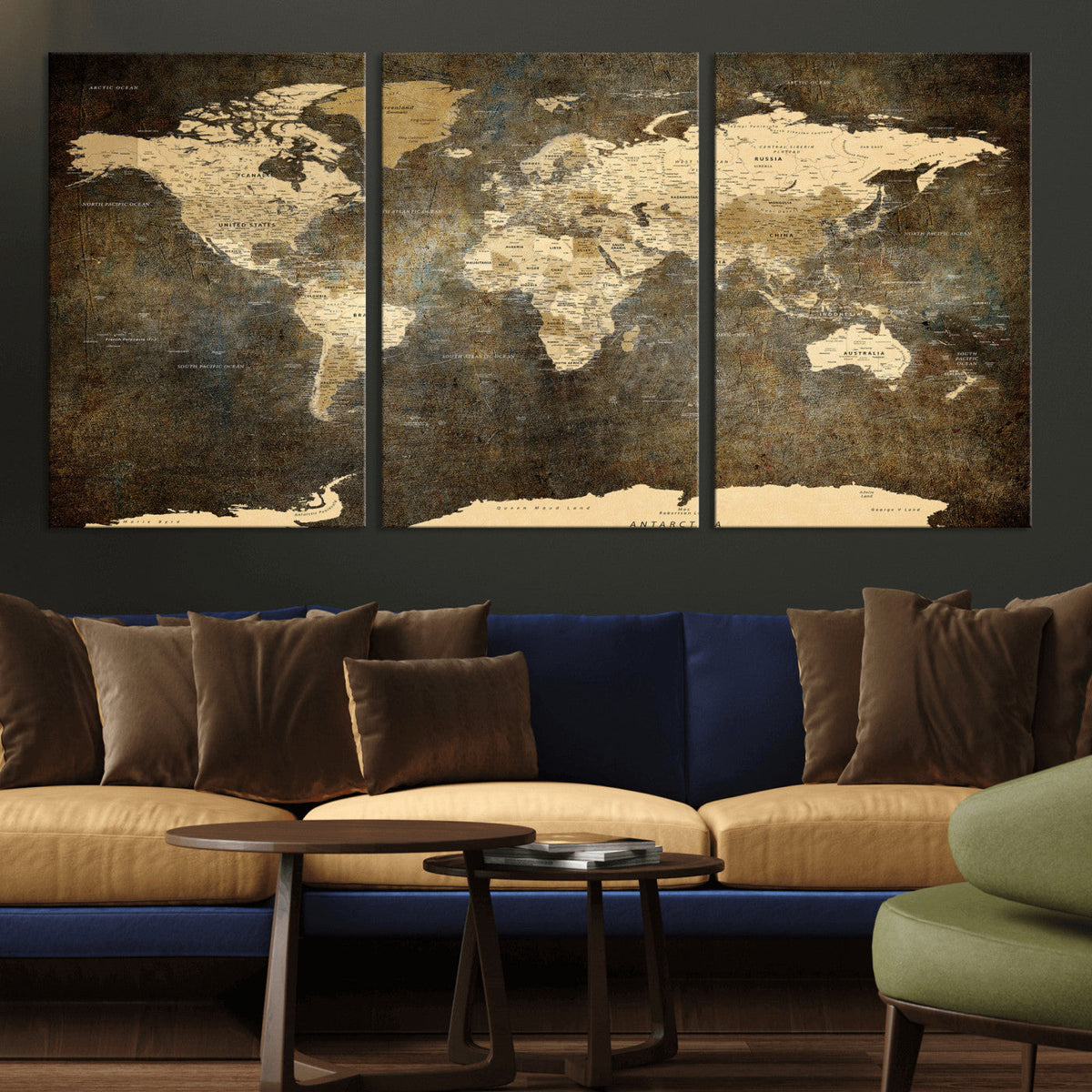 Large Framed Vintage World Map Wall Art Print for Home Wall