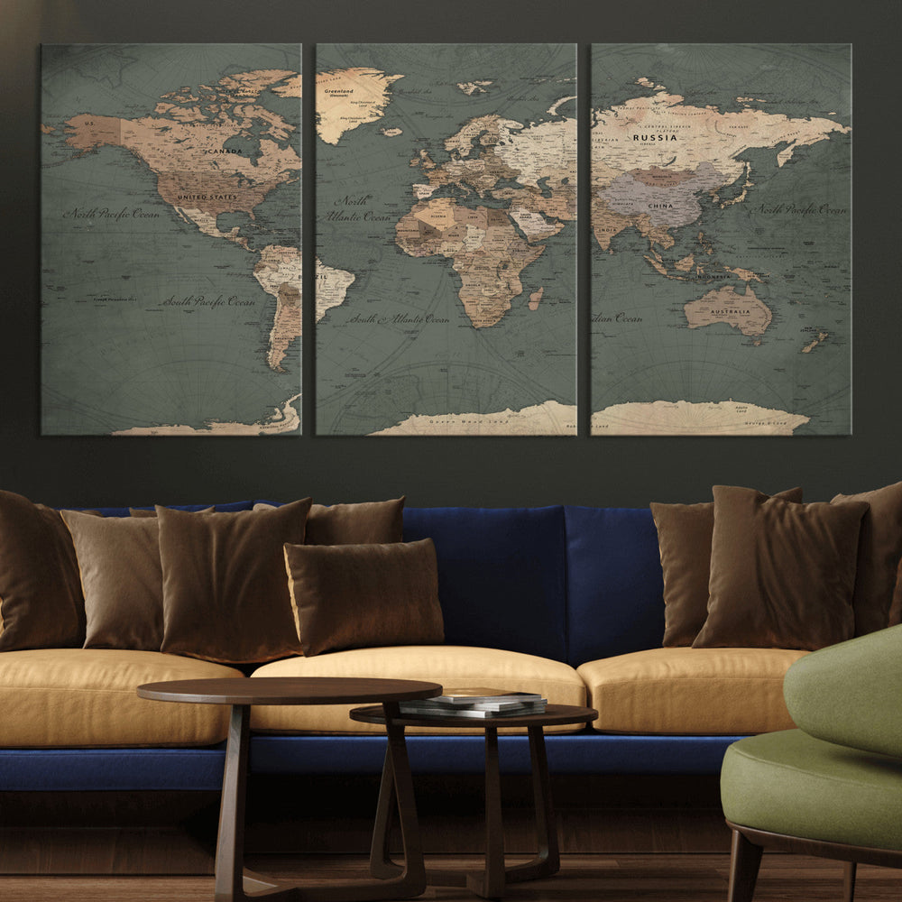 Rustic Black and Wood World Map Canvas Wall Art – Framed