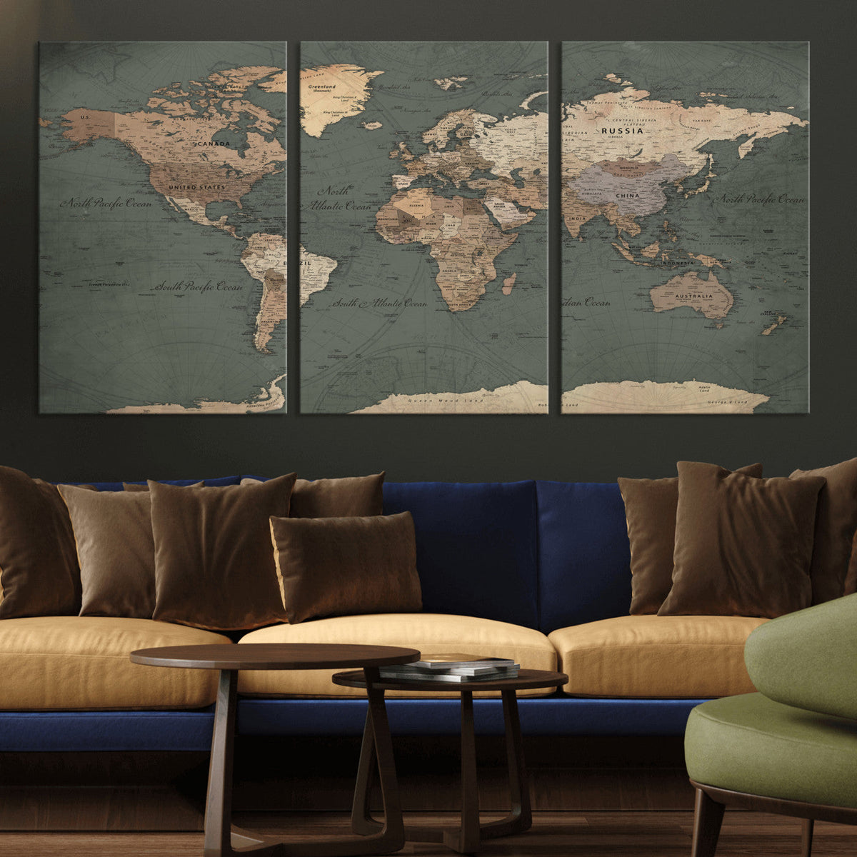 Rustic Black and Wood World Map Canvas Wall Art – Framed