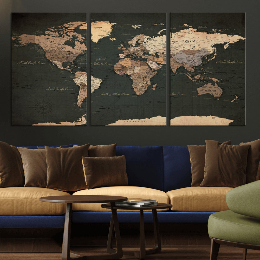 Vintage World Map Canvas Wall Art – Framed Travel Map for
