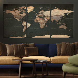 Vintage World Map Canvas Wall Art – Framed Travel Map for