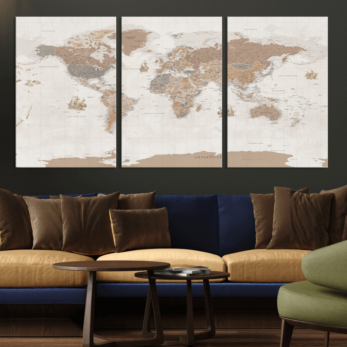 Framed Large World Map Canvas Print for Office Decor