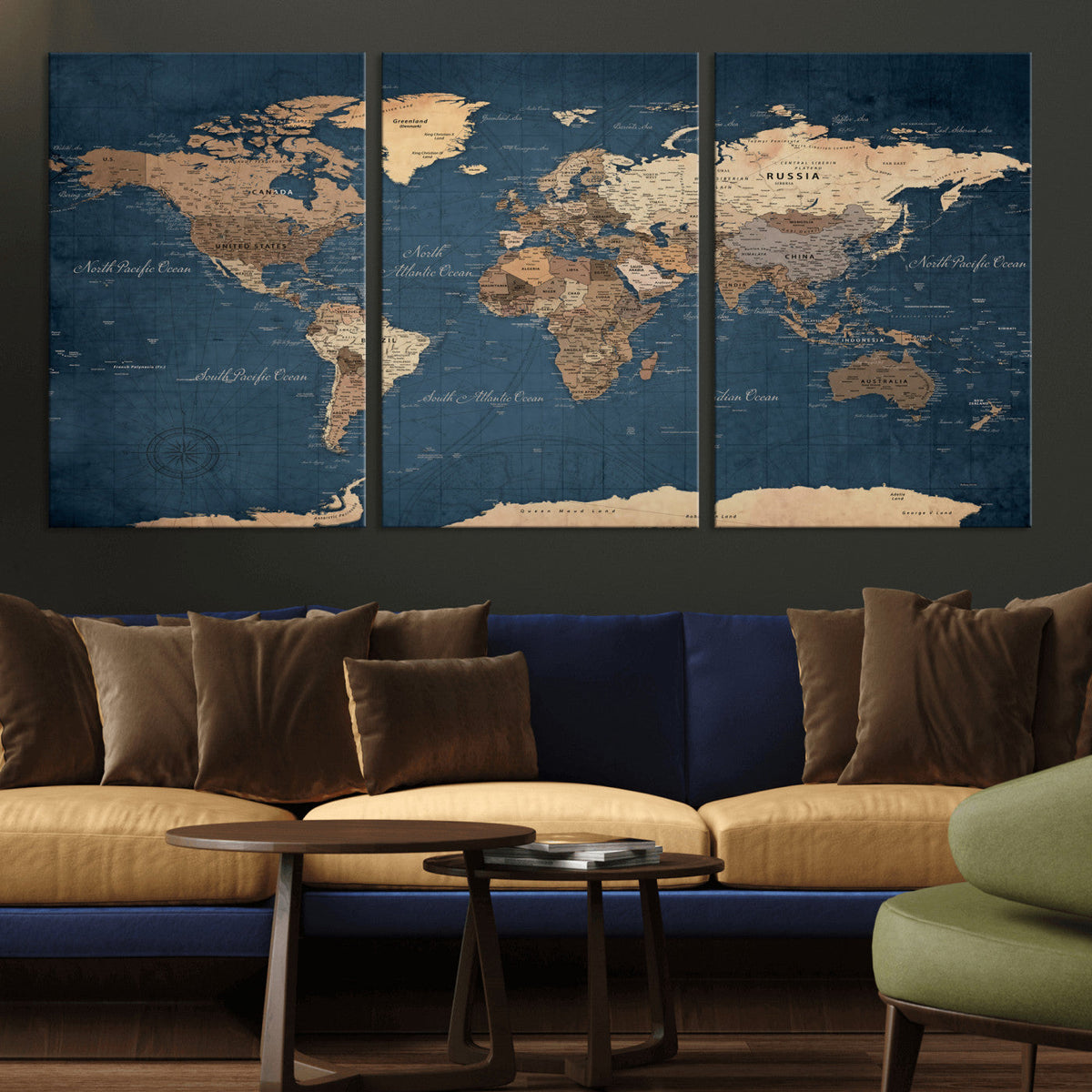 Navy Blue World Map Canvas Print – Framed Travel Map Wall