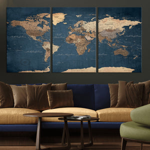 Navy Blue World Map Canvas Print – Framed Travel Map Wall