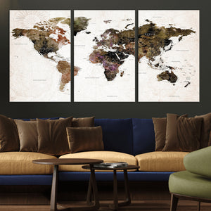 Watercolor World Map Print - Large Wall Art Canvas Print for