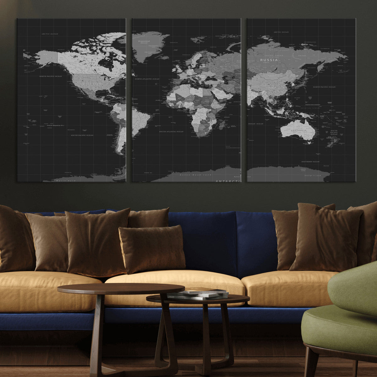 Black World Map Wall Art Canvas Print – Detailed Map of the