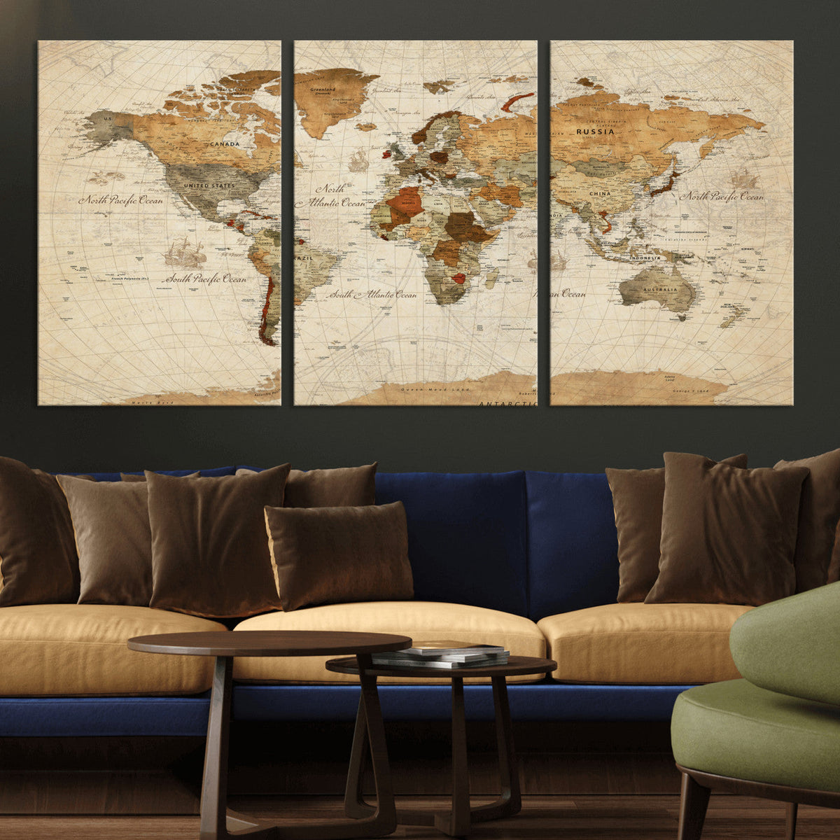 Rustic Vintage World Map Canvas Print – Framed Modern