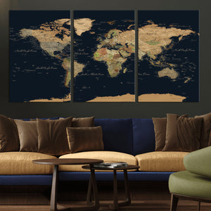 Vintage World Map Canvas on the Dark Background Wall Art