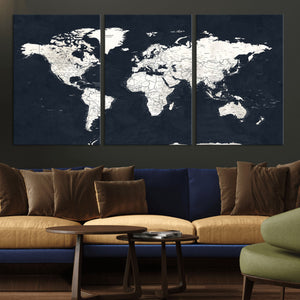 Black World Map Wall Art Canvas Print for Home Office and